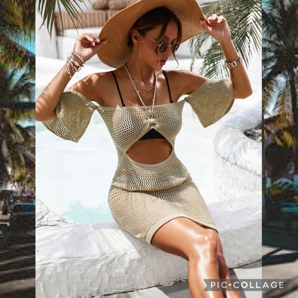 Boho Beach Babe Khaki Cut Out Off Shoulder Puff Sleeve Cover Up Size Large